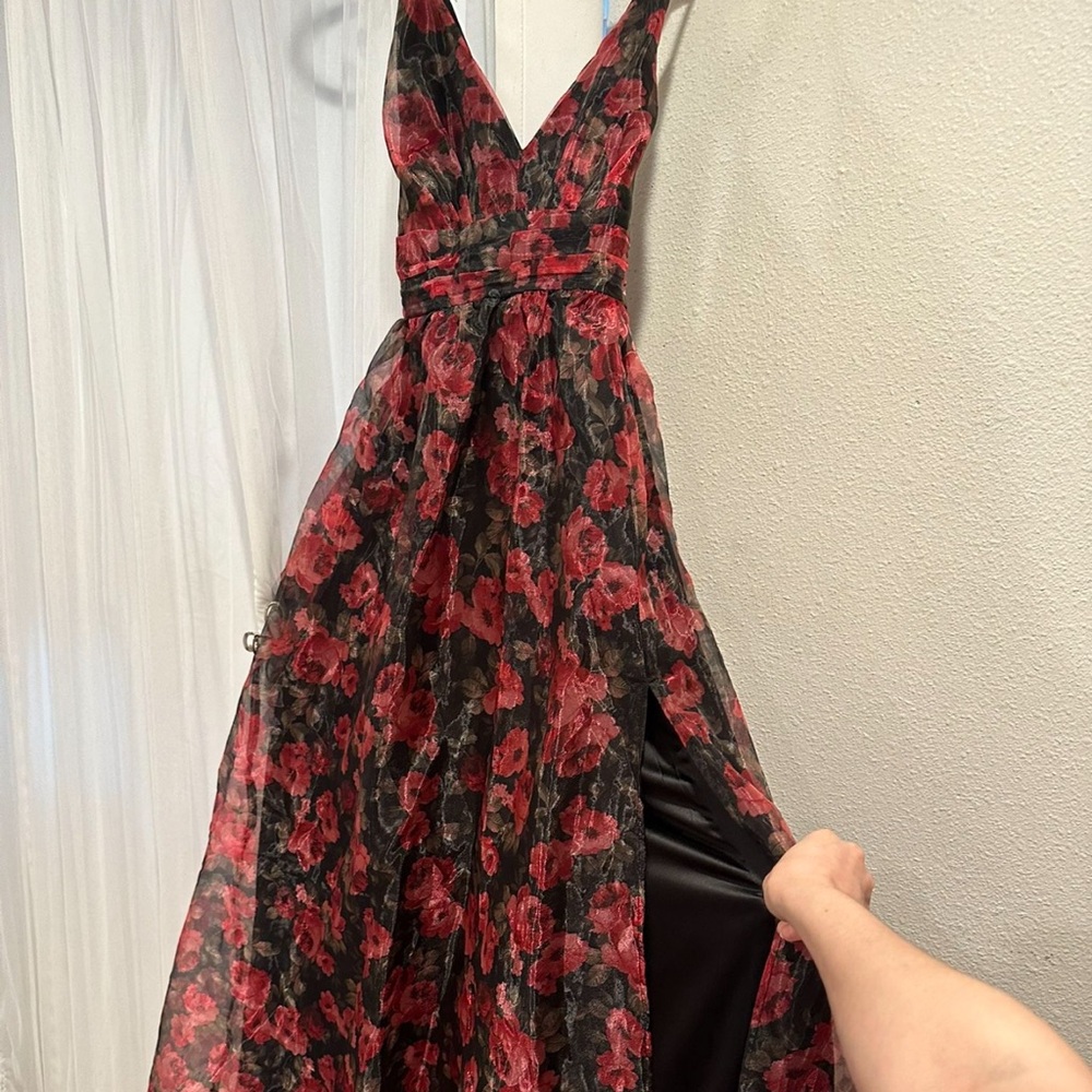 Floral V-Neck Gown with Slit